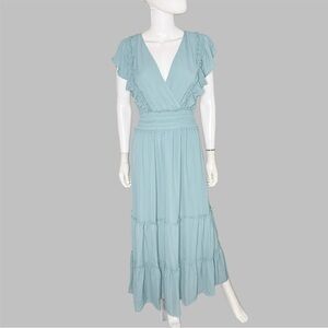 Max Studio Pebble Crepe Flutter Sleeve Bohemian Blue Maxi‎ Dress